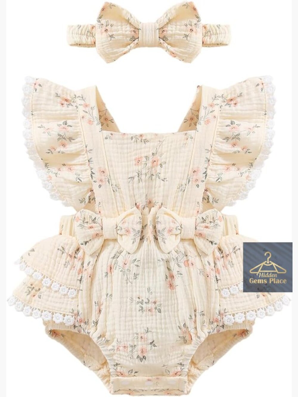 Baby Girl Ruffle Sleeve Cotton Linen Romper Dress Jumpsuit with Headband